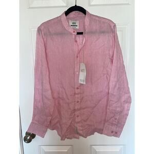 Greece Hellas Bigbang  Linen Button Shirt L/S Pink Band Collar Large Men NWT